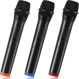 3 Pcs Fake Microphone Prop Realistic Practice Using Pretend Microphone Toy Simulate Speech Plastic Microphone for Fun Stage Karaoke or Costume Prop Birthday Party Favors, Blue Yellow Red Bottom