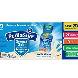 PediaSure Grow & Gain Nutrition Shake for Kids, Vanilla Flavor, 8 fl oz Bottles, 24 Pack – Complete Balanced Nutrition for Growth & Energy