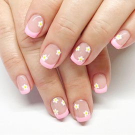 24Pcs Pink French Tip Press on Nails Short Square Fake Nails with Cute Flower Nails Design Glue on Nails Nude Pink Acrylic Nails Full Cover Spring False Nails Short Stick on Nails for Women Girls
