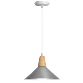 LIGKIN Pendant Light E27 Modern Pendant Light Industrial Ceiling Light Diameter 25 cm Metal Lampshade Vintage Wooden Chandelier for Kitchen Dining Room Coffee Room Grey
