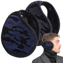 Basic Sense Winter Earmuffs, Camouflage and Ribbed Pattern Extra Wide Fleece-Lined Ear Warmers, Foldable & Comfortable for Skiing and Outdoor Activities Unisex, Camouflage Blue - Camouflage Grey
