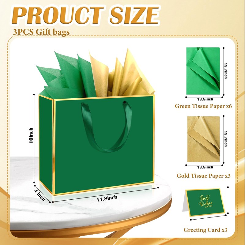 Epoesch 3 Pack Green Medium Gift Bags with Handles and