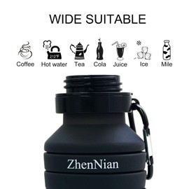ZHENNIAN Collapsible Water Bottles,Lightweight Foldable Silicone Sports Bottle,Leak Proof Water Bottles for Outdoor Camping Hiking,BPA Free 18oz Portable Bottle with Carabiner (Black)