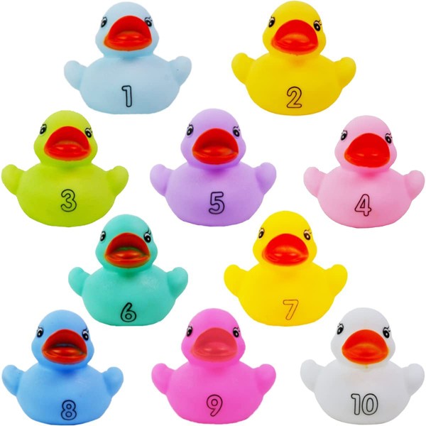 10 Pack: Numbers Counting Rubber Ducks Colorful Bath Toys -