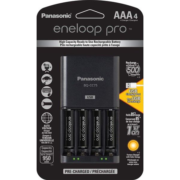 Eneloop Panasonic K-KJ75K3A4BA Cargador de batería avanzado con Puerto de Carga USB y 4AAA Pro baterías Recargables de Alta Capacidad