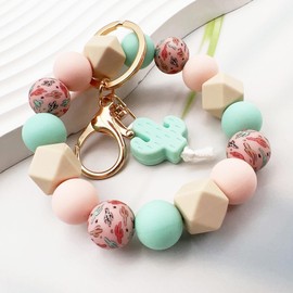 Phamines Silicone Beaded Wristlet Bracelet Keychain, Cute Cactus Beaded Bangle Elastic Keys Ring Holder Chains for Women Gift (Cactus)