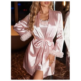 OYOANGLE Women's 2 Piece Satin Robe Set Mesh Floral Trim Chemise and Long Sleeve Kimono Pajama Sets Pink Large