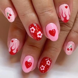 Valentine's Day Press on Nails Medium Almond Fake Nails with Red Hearts Flame Cherry Design Flower Glue on Nails Press ons Pink Glossy False Nails Valentines Stick on Nails for Women Girls 24Pcs