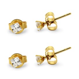 BEBERLINI Stud Cubic Zirconia 14K Gold Earrings Square Shiny Sparkle Unisex Ear Piercing Stainless Steel Fashion Jewelry For Men And Women 3 mm