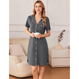 Ekouaer Ladies Nighties Button Nightdresses & Nightshirts Nightwear Maternity Nightdress for Hospital, Mid Gray, XL