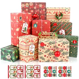 Christmas Wrapping Paper Sheet, 12 Recycled Gift Wrapping Paper Set, 70 x 50cm Kraft Wrapping Paper Sheets with Tags Stickers for Gift Wrapping, Wrapping Paper for Christmas New Year Holiday, Deco, DIY