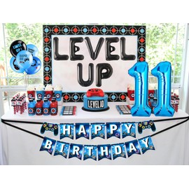 LaVenty Level Up Game Birthday Video Game Celebration Party Decoration for Boys (Blue and Black 11 Years Old)