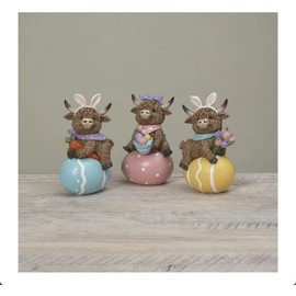 Gerson Easter Decor - Resin Highland Cow on Eggs Figurine 3pc
