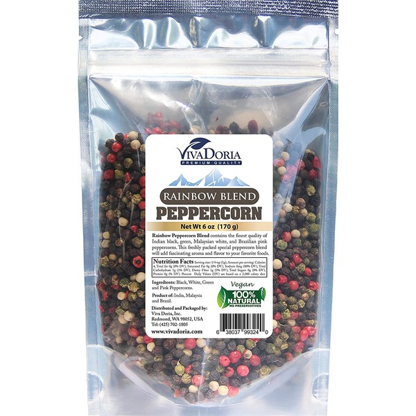 Viva Doria Rainbow Peppercorn - Four Peppercorn Blend, Whole Black, Green, Pink and White Pepper, Steam Sterilized 6 Oz, For Grinder Refill