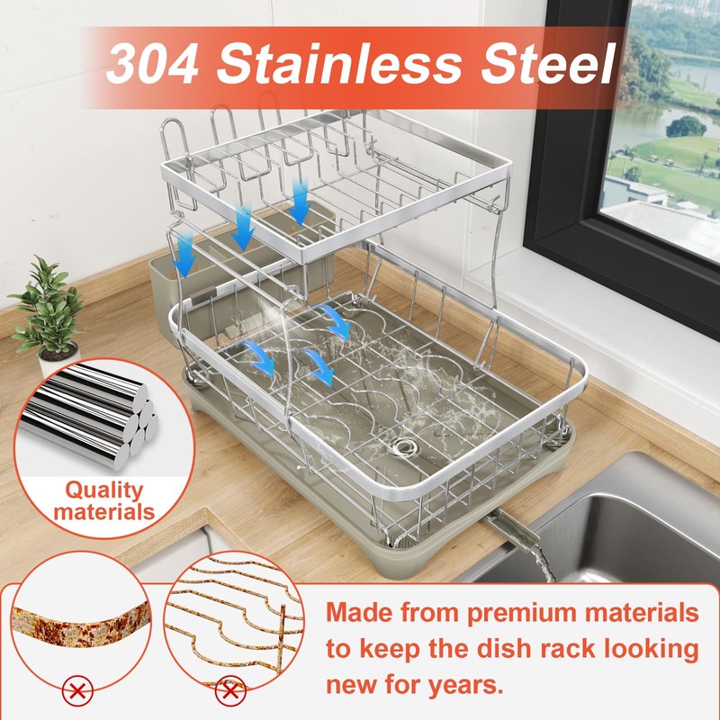 HOMEAILIE 2-Tier Dish Drying Rack for Kitchen Counter, 304 Stainless