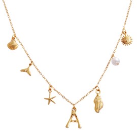 Initial Charms Necklace for Womens Shell Letter Necklace Gold Charms Seashell Starfish Choker Necklace Cute Fishtail Conch Pearl Sun Trendy Boho Summer ocean Beach Jewelry (Letter A Necklace)