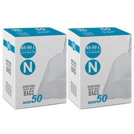 Code N Custom Fit Trash Bags 1.2 Mil 11.9-13.2 Gallon / 45-50 Liter Drawstring White Garbage Can Liners Compatible with simplehuman Code N | Heavy Duty Plastic Trash Bags Total 100 Count 50 Count 2PCS