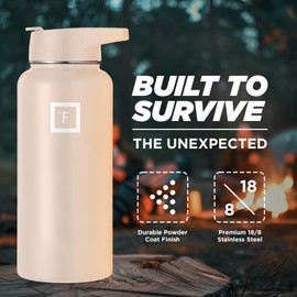 IRON °FLASK Camping & Hiking Hydration Flask, Wide Mouth, 3 Straw Lids, Stainless Steel Outdoor Water Bottle, Double Walled, Insulated Thermos, Metal Canteen - Sand, 32 Oz