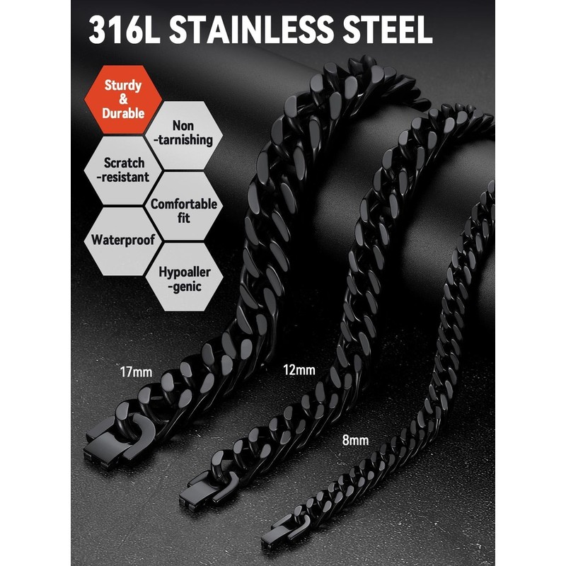 FaithHeart Mens Black Bracelet, 17mm Width Stainless Steel Wrist Bracelets