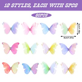 60 PCS Organza Butterflies for Crafts, 3D Fabric Butterfly Appliques, 2 Layers Butterfly for Crafts, Rhinestone Glitter Butterfly Embellishments, 3D Butterfly Decorations for Wedding, Party, And Home