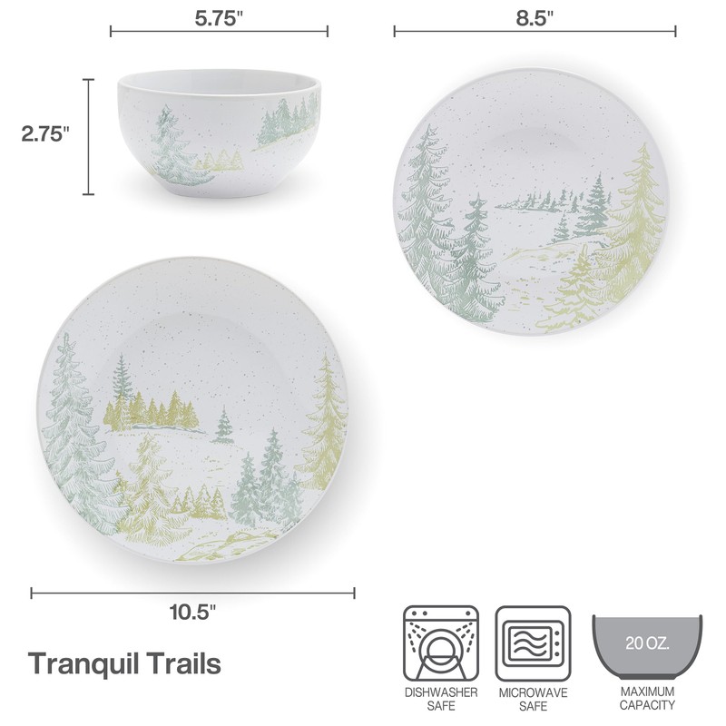 Pfaltzgraff Tranquil Trails Forest 12 Piece Dinnerware Plate Bowl Set,