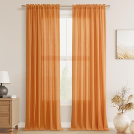 Guken Orange Linen Curtains 84 Inch Length for Living Room Bedroom 2 Panels Set Rod Pocket Light Filtering Semi Sheer Window Curtains 52 Inch Width Boho Farmhouse Linen Drapes, W52xL84