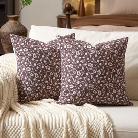 Aeckself Neutral Floral Pillow Covers 20x20 Set of 2, Vintage Block Print Throw Pillow Covers Decorative Farmhouse Accent Couch Pillows for Living Room Bedroom, Burgundy Red