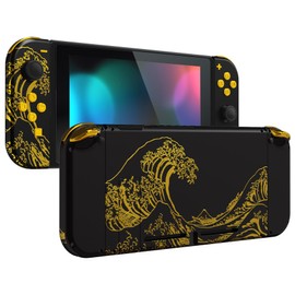 Custom DIY Replacement Case Shell for eXtremeRate Switch, Back Plate for Patterned Switch Consoles, Joycon Holder Handle Controller Housing for NS, Full Button Set Included [Golden Wave Pattern &