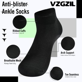 VZGZIL Mens Trainer Socks, 12 Pairs Anti-Blister Ankle Socks for Men Women, Cotton Running Socks Low Cut Breathable Athletic Sports Sock, Size 6-8 9-12 UK