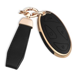 QBUC for Hyundai Key Fob Cover with Key Chain, Upper Leather + Soft TPU Car Key Case for Hyundai Ioniq 6 Grandeur GN7 KONA Elanrtra Santa Fe Tucson (2023-2025) Sonata (Black, 5 Buttons)