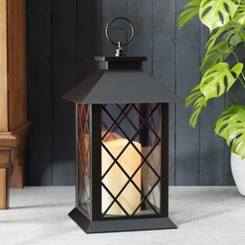 AFINETH 13.4" Lanterns Decorative Indoor, Black Lantern Decor with Timer Flickering Candle, Diamond-shaped Outdoor Lanterns, Waterproof Hanging Lantern for Patio, Porch, Entryway, Centerpieces, 1 Pack