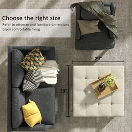 Befurtori Large Square Ottoman Coffee Table, Linen Solid Upholstered Footrest Ottoman with Solid Wood Shelf Storage Tufted Coffee Table for Bedroom Living Room, Ivory