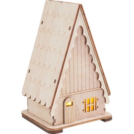 VBS Wooden Roof House Kit with LED, 13 Pieces, 9.2 x 10.0 x 16.0 cm, Warm White, All Year Round, Plywood, Construction Kit for Model Making and Craft Projects
