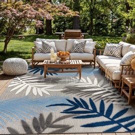 Rugshop Blue Palm Frond Indoor/Outdoor Area Rug Non-Shedding Easy Cleaning for Patio, Deck and Living Room, 5' x 7'