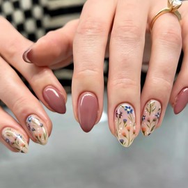 Almond Brown Flower Nails Press Ons - Extra Short Fake Nails with Blue Flower Designs - Summer Oval Glossy Stick on Nails for Women - Acrylic Glue on Nails Kit
