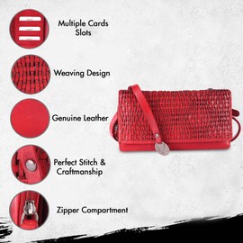 VILENCA HOLLAND Genuine Leather Wallets for Women, Small Wallet for Ladies Zipper Coin Purse Credit Card Holder with Strap (VL-409-Red)