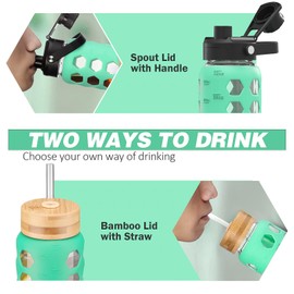 MUKOKO Glass Water Bottles, 32oz Glass Tumbler with Straw, Drinking Bottles with 2 Lids-Handle Spout Lid&Bamboo Straw Lid, Motivational Water Bottle with Time Marker and Silicone Sleeve, 1 Pack-Green