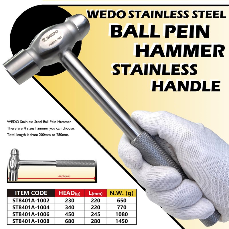 WEDO Stainless Ball Pein Hammer with Stainless Steel Handle, Corrosion