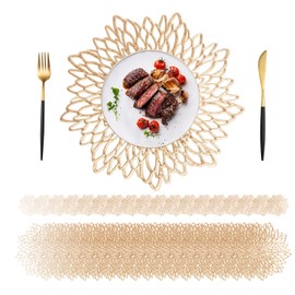 G-Lanthy 24 Pack Gold Placemats & Coasters, 15 inch Gold Vinyl Placemats, Round BulksTable Mats, Round Leaf Design Chargers Dining Table Settings for Christmas,Thanksgiving,Wedding Table Decoration.