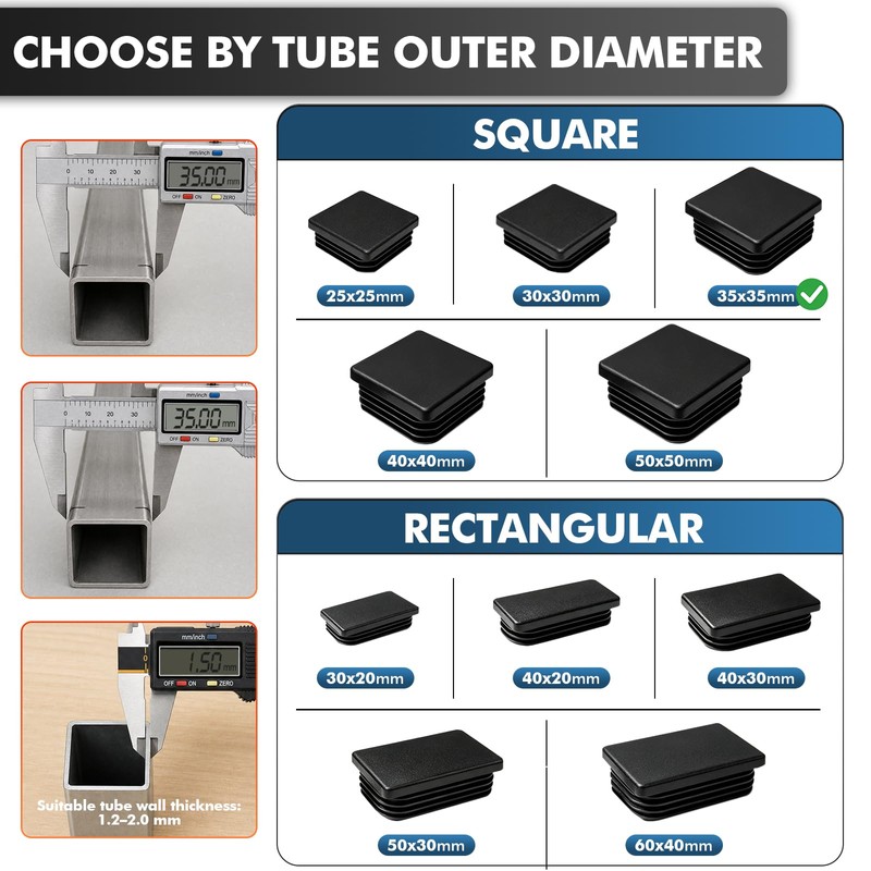 shinfly 35x35 mm Square Tube Inserts, Black PE Plastic End