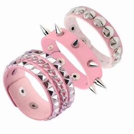Tosmifairy 3PCS Mens PU Leather Bracelets Set Studded Wrap Wrist Cuffs Punk Rock Y2K Emo Wide Wristband Accessories for Women (Pink)