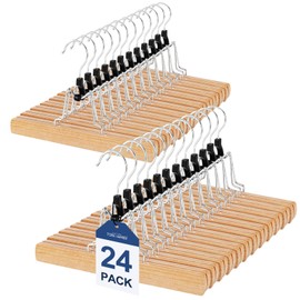 TOPIA HANGER 24 Pack Wooden Pants Hangers, Hair Extension Hangers Non Slip Skirt Hanger Wood Clamp with Velvet Padded 360° Swivel Hook for Jeans, Skirts, Trousers, Wigs Natural CT68N