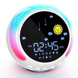 NEUTYPECHIC Children's Alarm Clock for Beginners to School, Snooze Alarm Clock Children with White Noise, Light Alarm Clock Children 5 Levels of Night Light Brightness with Bluetooth Speaker, Calls,
