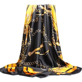 YOUR SMILE Silk Feeling Scarf Women's Fashion Pattern Black/Gold Chain Large Square Satin Headscarf (325)