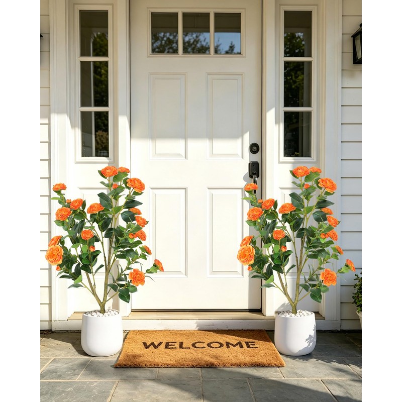 38 inch 2 Pack Artificial Orange Camellia Trees in Pot