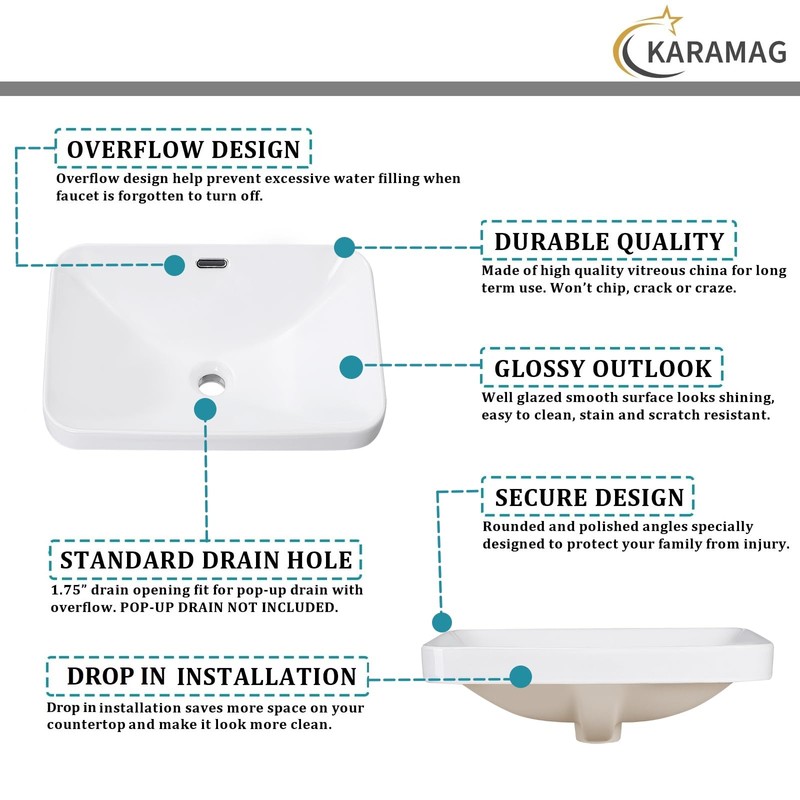 KARAMAG Bathroom Vessel Sink 20.6'' x 14.7'' Semi Recessed Bathroom