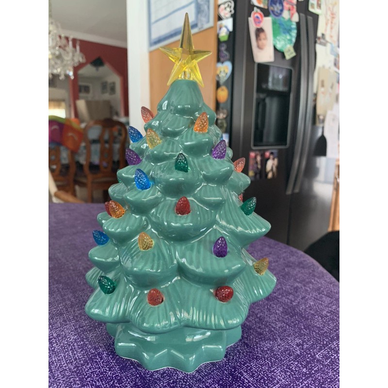 Ceramic Christmas Tree Large Green Tabletop Tree Multicolored Lights 11"