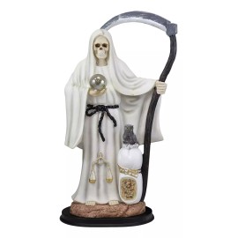 Large 16.75"H White Holy Death Santa Muerte Holding Scythe Globe With Owl Statue