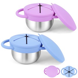 Stainless Steel Snack Cups for Toddlers Spill-Proof (2-Pack) Baby Food Containers with Removable Silicone Lids & Handles | Dishwasher Safe, On-the-Go Kids Snack Box (Blue/Purple, 2 Count (Pack of 2))