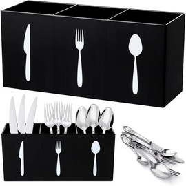 Acrylic Cutlery Storage Organizer Bin Silverware Caddy Countertop Knife Spoon and Fork Holder Kitchen 3 Section Tableware Storage Box for Cabinet Indoor Home Flatware Dining Room (Black) - Color: Transparent